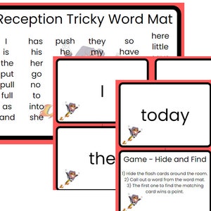 Puede incluir: Una alfombra de palabras roja y negra con las palabras "Reception Tricky Word Mat" en la parte superior. La alfombra tiene una cuadrícula de palabras, incluyendo "I", "is", "the", "put", "pull", "full", "as", "and", "has", "his", "push", "he", "they", "my", "so", "have", "here", "little", "go", "no", "to", "into", "she", y "today". La alfombra también incluye una descripción del juego: "Game - Hide and Find". Las instrucciones del juego son: "1) Esconde las tarjetas de memoria alrededor de la habitación. 2) Di en voz alta una palabra de la alfombra de palabras. 3) El primero en encontrar la tarjeta que coincida gana un punto."