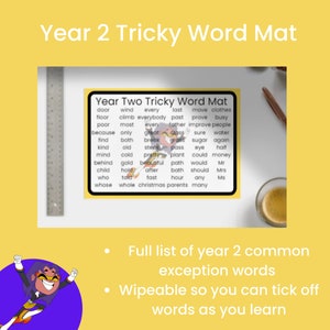 Puede incluir: Una colorida alfombra de palabras imprimibles con el título "Year Two Tricky Word Mat". La alfombra presenta una lista de palabras difíciles comunes para estudiantes de segundo grado. Las palabras están organizadas en columnas e incluyen palabras como "door", "wind", "floor", "climb", "every", "last", "move", "clothes", "prove", "busy", "poor", "most", "even", "father", "improve", "people", "because", "only", "great", "class", "sure", "water", "find", "both", "break", "grass", "sugar", "again", "kind", "old", "steck", "pass", "eye", "halt", "mind", "cold", "pretty", "plant", "could", "money", "behind", "gold", "beautiful", "path", "would", "Mr", "child", "hold", "after", "bath", "should", "Mrs", "who", "told", "fast", "hour", "any", "Ms", "whose", "whole", "christmas", "parents", "many".