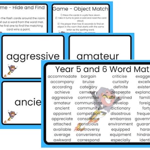 May include: A blue and white word mat with the words "Year 5 and 6 Word Mat" at the top. The mat includes a list of words in two columns, such as "accommodate", "bargain", "criticise", "exaggerate", "accompany", "bruise", "curiosity", "excellent", "according", "category", "definite", "existence", "achieve", "cemetery", "desperate", "explanation", "aggressive", "committee", "determined", "familiar", "amateur", "communicate", "develop", "foreign", "ancient", "community", "dictionary", "forty", "apparent", "competition", "disastrous", "frequently", "appreciate", "conscience", "embarrass", "government", "attached", "conscious", "environment", "guarantee", "available", "controversy", "equipped", "harass", "average", "convenience", "equipment", "hindrance", "awkward", "correspond", "especially", "identity".