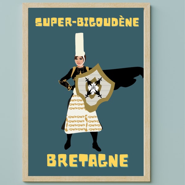 Affiche Bigoudène | Illustration personnalisée cadeau | Cadeau personnalisée | Affiche bretagne | vintage | Poster film |Super héroïne