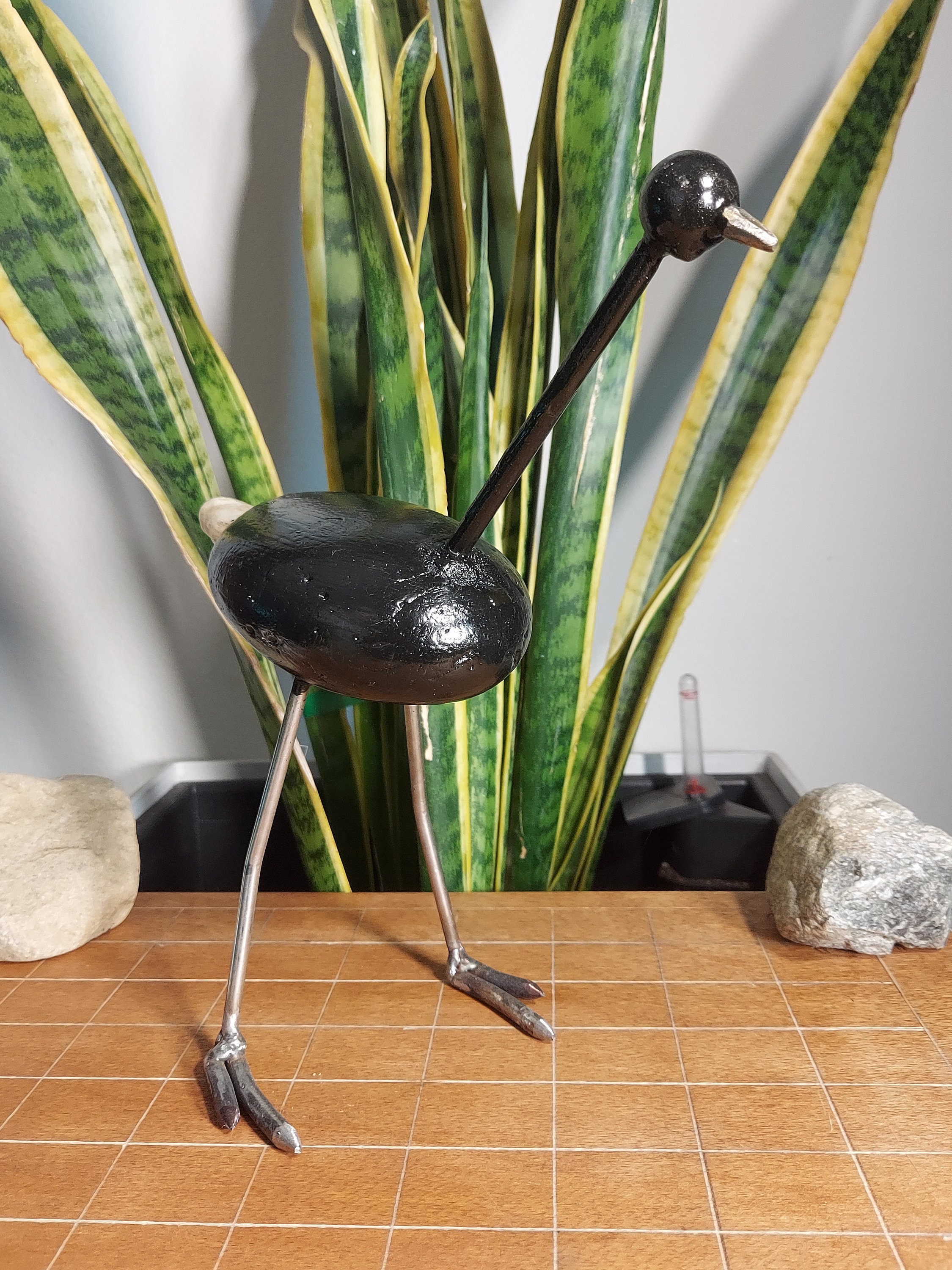 Metal and Stone Ostrich Figure Sculpture, Handcrafted