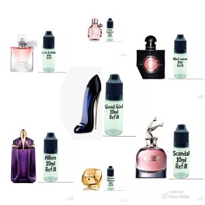 May include: Assortment of perfume bottles with droppers, including La Vie Est Belle, Alien, Good Girl, Black Opium, Flowerbomb, and Scandal. Each bottle contains 10 ml of perfume refill.
