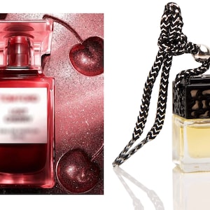 May include: A perfume bottle with a red liquid and a clear cap, set against a glittery pink background with cherry accents. Next to it, a small, square glass bottle with a black and white braided cord and a black decorative top.