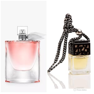 May include: Two bottles of perfume, one in a clear glass bottle with a pink liquid and a silver cap, and the other in a clear glass bottle with a yellow liquid and a black cap with a decorative design. The bottle with the yellow liquid is attached to a black and white string.