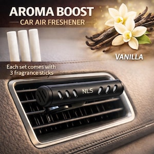 May include: A black car air freshener with the text "NLS" is inserted into a car vent. The image also shows three white fragrance sticks, vanilla flowers, and the text "AROMA BOOST CAR AIR FRESHENER".