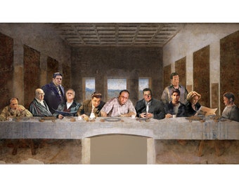 May include: A painting depicting a group of men sitting at a long table, reminiscent of Leonardo da Vinci's "The Last Supper".
