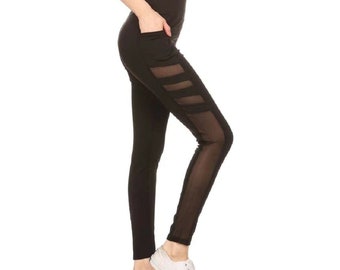 Women's Mesh Insert Ripped Leggings Black Mid Waisted Casual Solid Fitness Pants Women's Mesh Insert Ripped Leggings Black Mid Waisted Casual Solid Fitness Pants