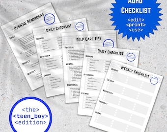 ADHD Teen Boy Checklist, Editable Daily and Weekly Checklist Template