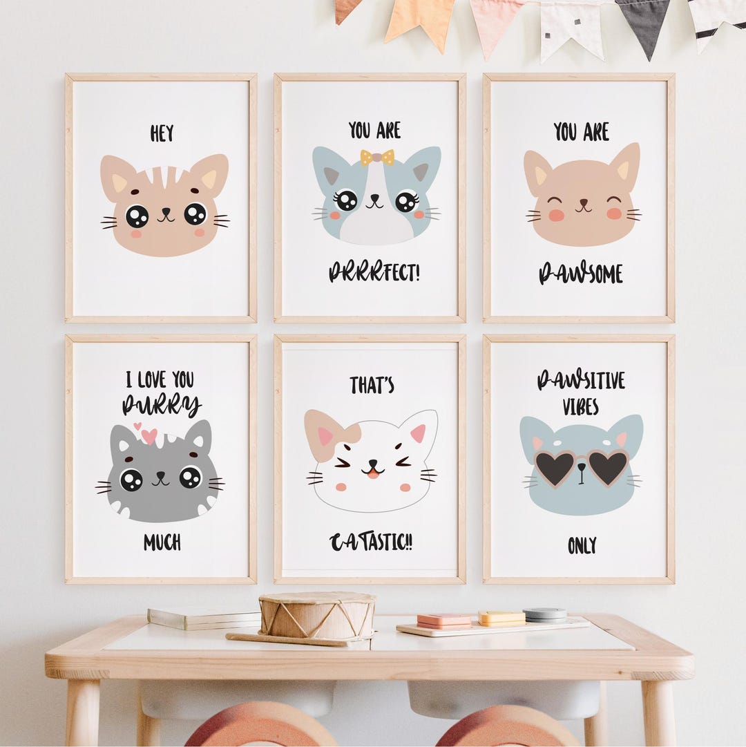 Cute Nursery Cat Print Wall Art for Nursery Set of 6 Digital Download ...