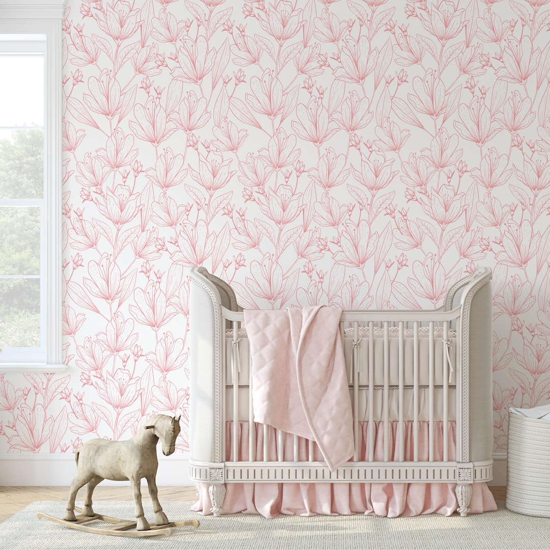 Pink Floral Nursery Wallpaper Removable Peel and Stick Kid Room Wall ...