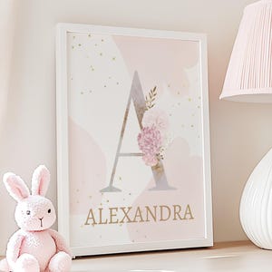 Custom Letter Print Girl Nursery Decor Personalized Initial New Baby Birth Print Name Art Baby Girl Nursery Custom name Bouquets Pink Floral