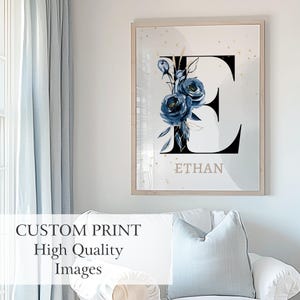 Impresión de nombre personalizada, decoración de pared personalizada para guardería de bebé, arte de pared imprimible, letrero con nombre de bebé con inicial floral personalizado y letra floral