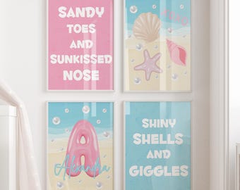 Personalized Beach Nursery Art Print Tropical Coastal Decor for Girl Ocean Room Wall Tropical Custom Name Print Wall Art Girl Pink Seashell