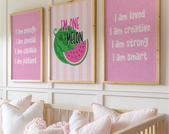 Watermelon Printable Wall Decor Illustration for Kids Room Cute Fruit Wall Art Watermelon Nursery Print Pink and Green One in a Melon Decor