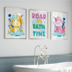 Kids Bathroom Wall Art Dinosaur Themed Bathroom Wall Decor for Kid Set Instant Download Printable Art for Bathroom Dino Girl Bath Time Print