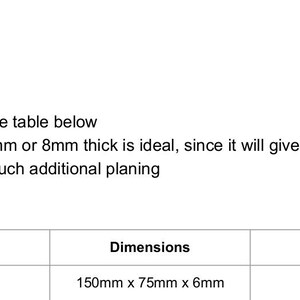 May include: A table showing a cut list for a project. The table lists the component, dimensions, and quantity of each piece. The component listed is "Tails side (1)" with dimensions of 150mm x 75mm x 6mm and a quantity of 2.