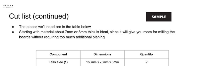 May include: A table showing a cut list for a project. The table lists the component, dimensions, and quantity of each piece. The component listed is "Tails side (1)" with dimensions of 150mm x 75mm x 6mm and a quantity of 2.