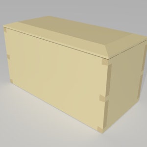 May include: A plain, rectangular wooden box with a light beige finish. The box has a simple, unadorned design and is made of wood.