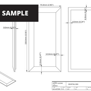 May include: A black and white line drawing of a guitar case with dimensions labeled in inches and millimeters. The drawing shows the case's overall size, the size of the dovetail box, and the size of the lid. The text "SAUCET GUITARS" is included in the drawing.