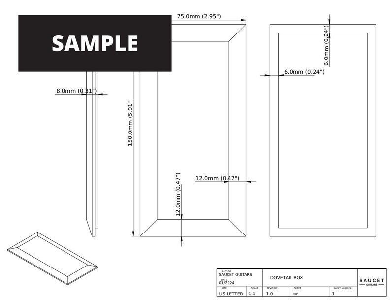 May include: A black and white line drawing of a guitar case with dimensions labeled in inches and millimeters. The drawing shows the case's overall size, the size of the dovetail box, and the size of the lid. The text "SAUCET GUITARS" is included in the drawing.