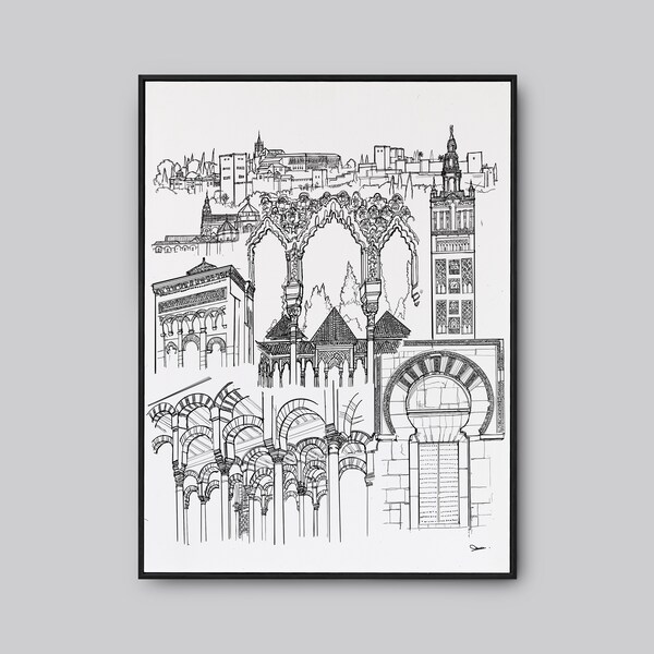 Andalusia Landmarks | Moorish Architecture | Architectural Sketch | A4 Printable