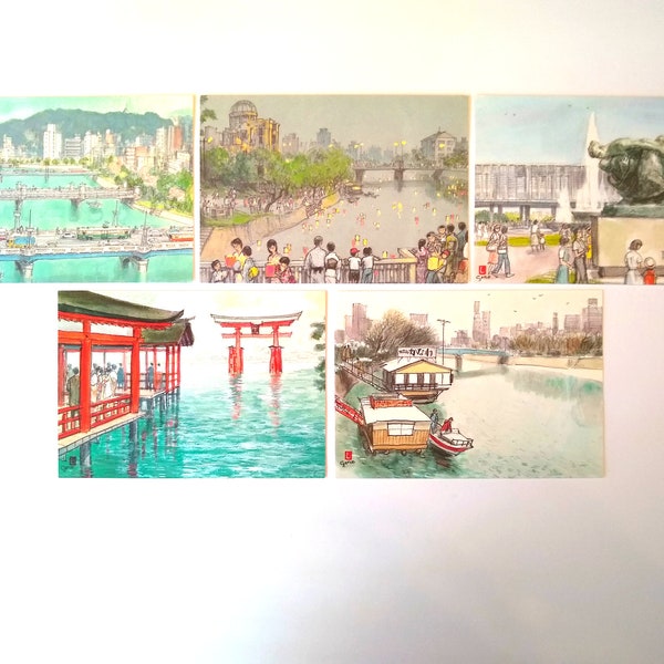 Five Vintage Post Cards Printed in Japan - Peace Memorial Park, Lantern Offering on the Water, Kyobashi River Hiroshima, Miyajima, Kaki bune