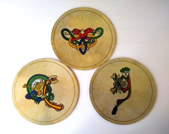 Three 1980s Connemara Bodhrans Ireland Placemats Designed by Malach and Anne Kearns, Great for Irish Bar Decor, Use for Food or Bar Snacks