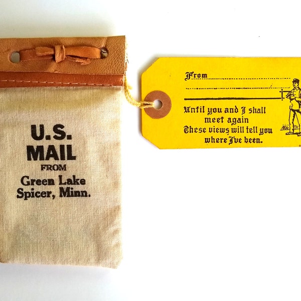 Vintage Small U.S. Mail Bag from Green Lake Spicer, Minnesota Containing Four Photos, The Quality Line BB Token of Remembrance Novelty
