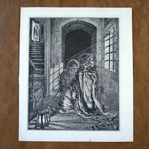 Antique 1910 Woodcut Print of a Prisoner in a Dungeon Cell with a Woman, Unknown Artist, Lower Right Corner Shows 1910 with the Artist Mark