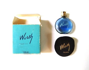 1930s Worth Paris Je Reviens Le Medaillon Pour Le Sac 1/4 Oz Miniature Empty Perfume Blue Bottle With Black Suede Pouch and Original Box