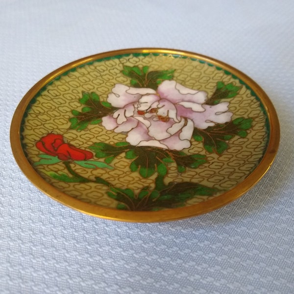 Vintage Stunning Chinese Brass with Enamel Inlay Cloisonne Dish, Rose Motif, Dish for Jewelry, Rings, Earrings, or Trinkets