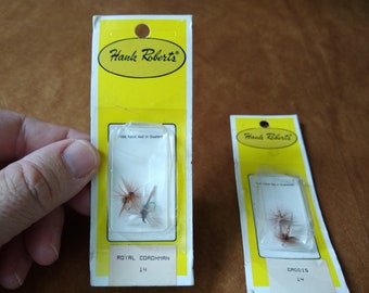 Two Vintage Packs of 4 Hank Roberts Fishing Flies NOS (New Old Stock)  Unopened in Original Yellow Packaging, Caddis 14 and Royal Coachman 14
