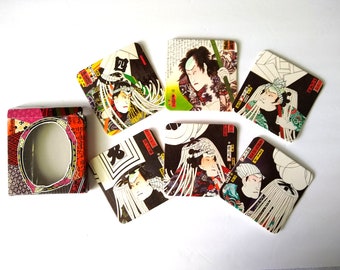 Vintage Collectible Japanese Fine Arts Drink Coaster Set, Six Japanese Designed Coasters, Drink Coasters Made in Japan