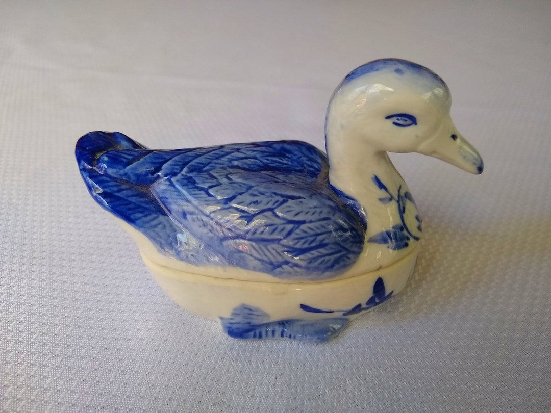 Vintage Porcelain Duck Dish With Lid Painted Blue and White Etsy
