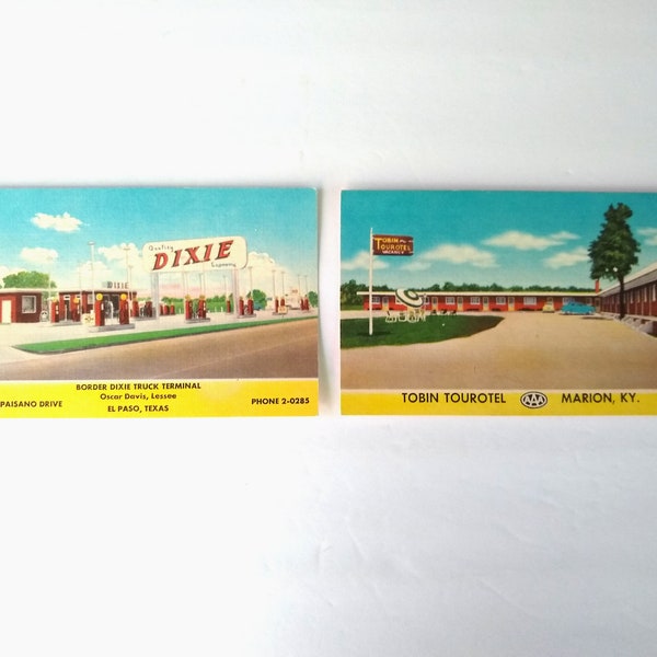 Two 1940s Unused Linen Postcards, Border Dixie Truck Terminal El Paso Texas, and Tobin Tourotel Marion Kentucky, Collectible Linen Postcards