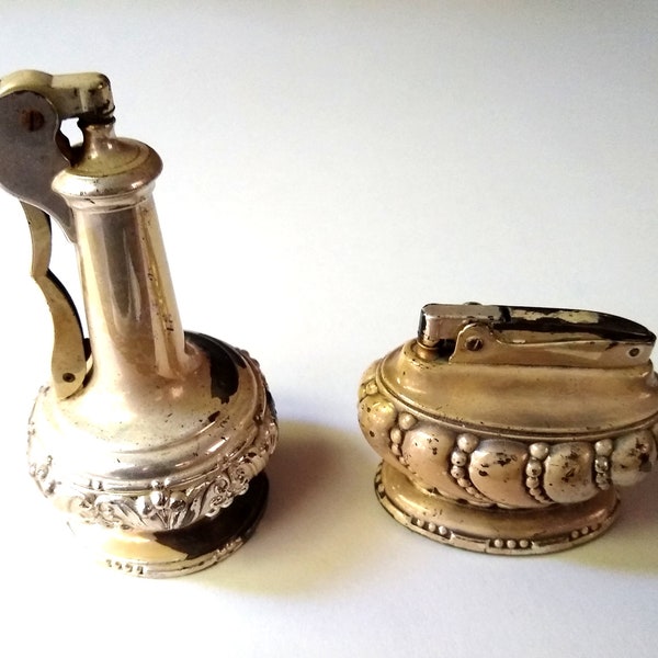 Two 1950s Mid-Century Ronson Silverplate Lighters, Ronson Decanter Lighter, Ronson Crown Lighter, With a Nice Antique Rustic Look