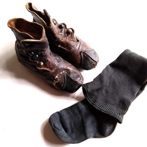 Antique Victorian Pair Brown Leather Child Four Button Shoes With Original Black Sock, Late 19th Century Children&#39;s Boots