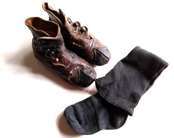 Antique Victorian Pair Brown Leather Child Four Button Shoes With Original Black Sock, Late 19th Century Children's Boots