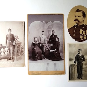 Antique Set of Four Military Photographs from WWI and Pre-WWI, a Hungarian Soldier, an Austrian Soldier, a US Army Soldier and a Navy Sailor