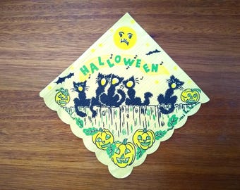 14 Vintage 1940s Halloween Yellow Crepe Napkins with a Black Cat Choir on a Fence, Bats, Pumpkins, and Moon