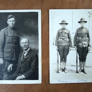 Two Antique WWI Real U.S. Military Soldier Postcards Containing the Same Soldier in Both, One with His Buddy and One with His Father