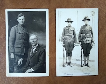 Two Antique WWI Real U.S. Military Soldier Postcards Containing the Same Soldier in Both, One with His Buddy and One with His Father