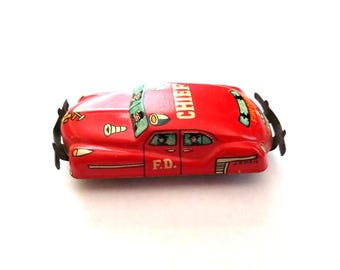 1950s Vintage Japan Made Fire Department Chief Tin Toy Car in Nice Condition, Mid-Century Collectible