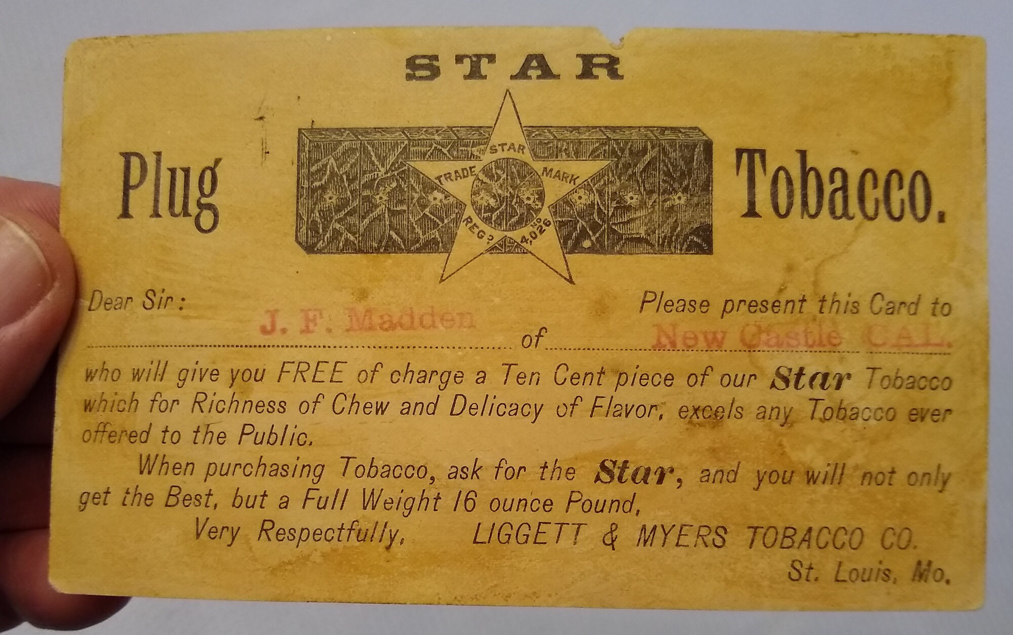 star tobacco company Very Rare Antique 1800s Liggett & Myers Tobacco Company Free Ten Cent Piece  for Star Brand Plug Tobacco Voucher
