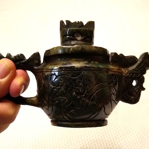 Antique 6" Hand-Carved Nephrite Jade Dragon Teapot, Carved Dragon Nephrite Jade Teapot