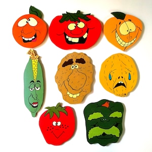 Set of Wood Handmade and Hand-Painted Refrigerator Magnets, 8 Vintage Handcrafted Funny Fruits and Vegetables Magnets for Kitchen Decor