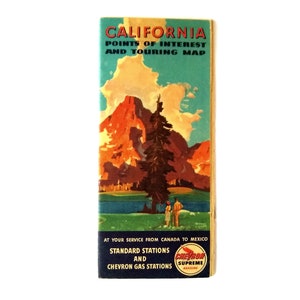 May include: Vintage California Points of Interest and Touring Map with a colorful illustration of a mountain range and a lake. The map is from Chevron Gas Stations and Standard Stations.