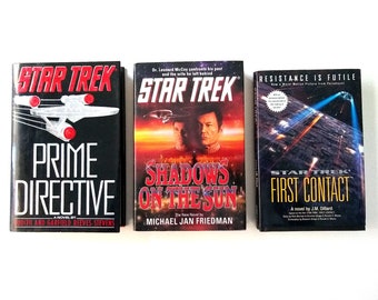 Three Star Trek First Edition/First Printing Hardcover Books: Prime Directive Sept 1990, Shadows On The Sun Aug 1993, First Contact Dec 1996
