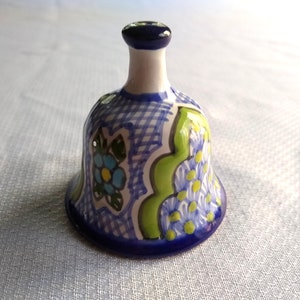 Vintage 3&quot; Ceramic Hand-Painted Blue and White Bell Decorated with Blue and Green Flowers
