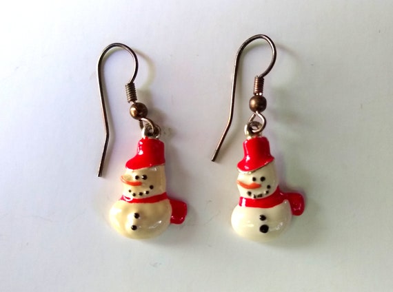 1960s Christmas Snowman Enamel Over Metal Earring… - image 1